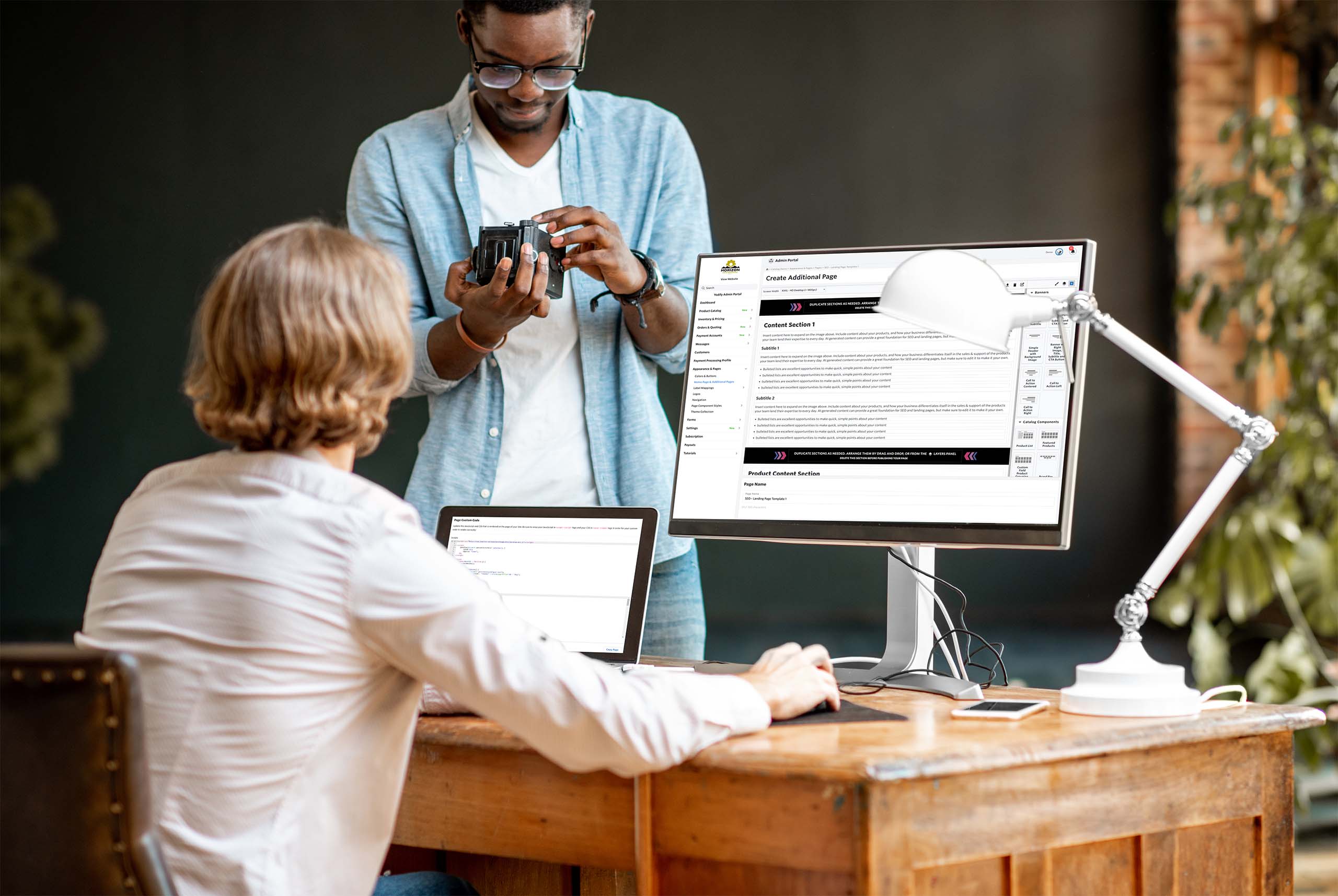 Two designers working on powerful custom scripts and styling for their Yodify site.